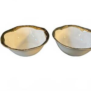 2 Yedi Houseware White Dip Bowls w/ Gold Trim Set of 2 6” NEW Free Ship